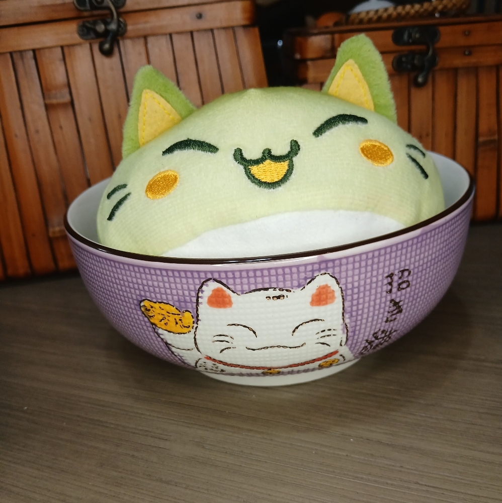 Nyanpan green cat plush and QiZhen hand painted purple cat bowl
